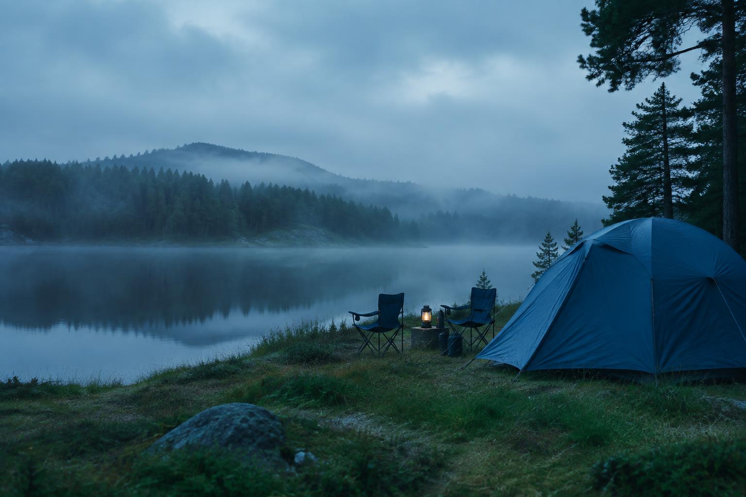 Blått tält vid en stilla sjö i gryningen med campingstolar och lykta